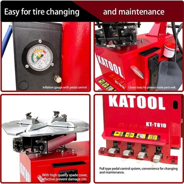 Katool KT-T810 tire changer details showing pedal controls, spade cover, inflation gauge, and durable design.