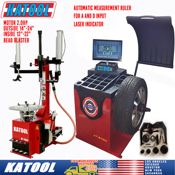 Katool KT-T830 tire changer and KT-B750 wheel balancer combo with bead blaster, automatic measurement ruler, and laser indicator.