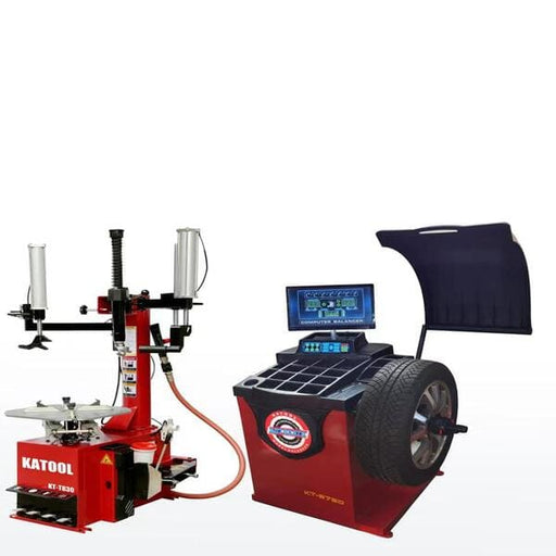 Full set of Katool KT-T830 tire changer and KT-B750 computer wheel balancer for auto repair shops.