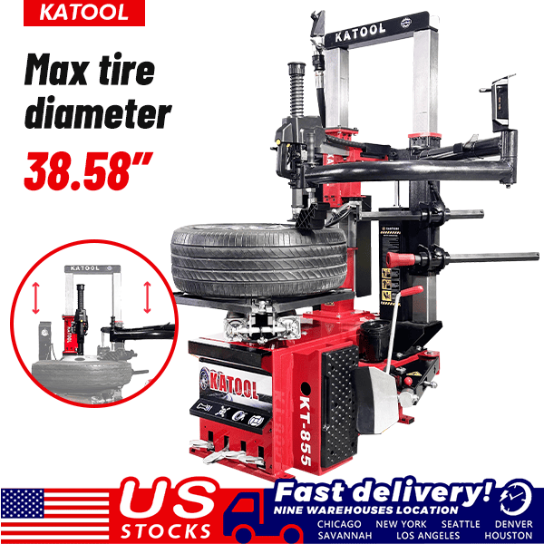 Katool KT-T855 vertical tire changer with 38.58 inch maximum tire diameter, heavy-duty machine for auto shops.