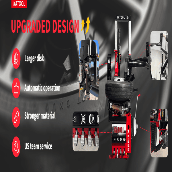 Katool KT-T855 tire changer machine showing upgraded design with larger disk, automatic operation, stronger material, and U.S. team service support.