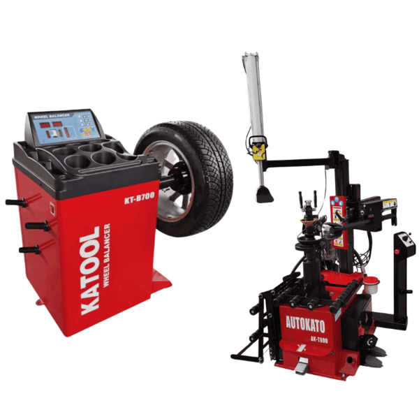 Katool KT-T900 tire changer paired with KT-B700 wheel balancer, complete shop equipment combo.