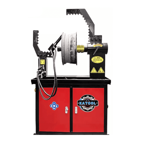 Front view of Katool KT-WL69 Rim Wheel Straightening Machine with mounted rim for repair.