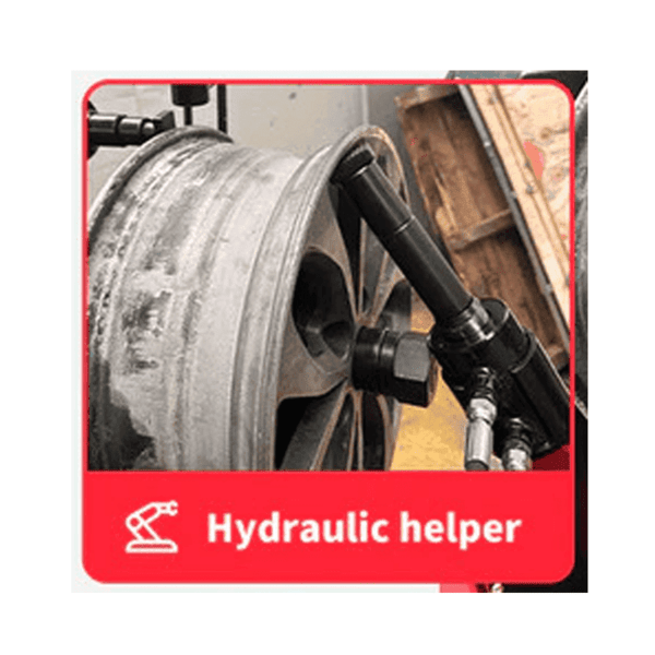 Katool KT-WL70 hydraulic helper applying pressure on a car rim during wheel straightening process.