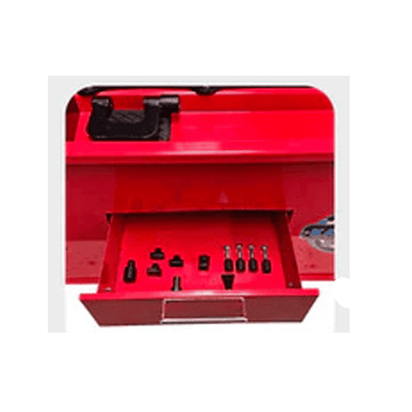 Open tool storage drawer of Katool KT-WL70 wheel straightener containing rim repair accessories and attachments.