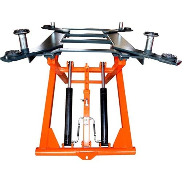 Front view of Katool KT-X66 6,600 lb portable mid-rise scissor lift frame with dual hydraulic cylinders and safety locks.