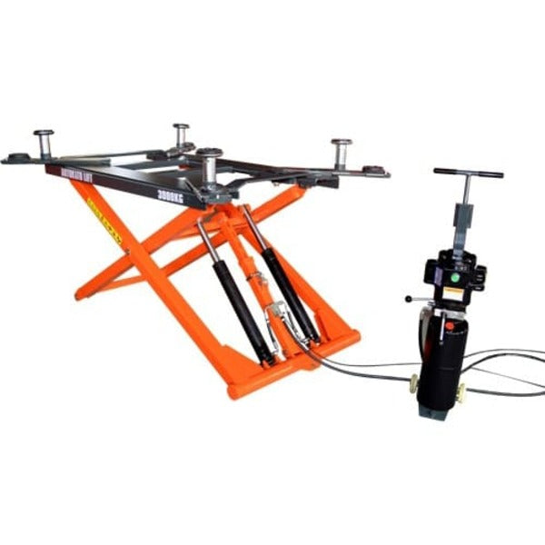 Katool KT-X66 6,600 lb portable mid-rise scissor lift showing hydraulic power unit and compact design for auto service shops.