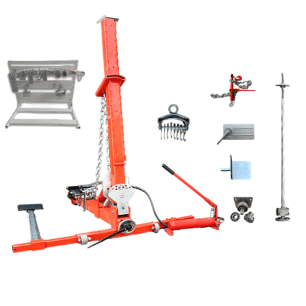 Complete Katool KT-YA260 auto body puller frame straightener set including pulling tower, chains, clamps, and multiple accessories for auto collision repair.