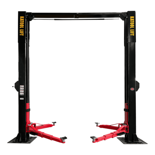 Heavy duty Katool M150D 15,000 lb 2 post car lift with clear floor design and reinforced arms for automotive service shops.