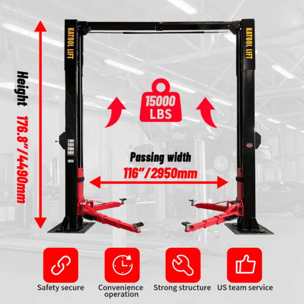 Katool M150D 15,000 lb 2 post lift with 176.8-inch height, 116-inch drive-through width, and strong steel structure for heavy duty vehicles.