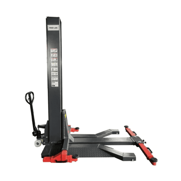 Side view of Katool SPL700 portable single post lift with durable steel frame and wheels for mobility.