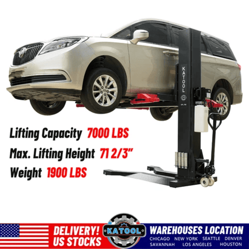 Katool SPL700 single post lift holding an SUV, highlighting 7,000 lb capacity, 71-inch max lifting height, and 1,900 lb weight.