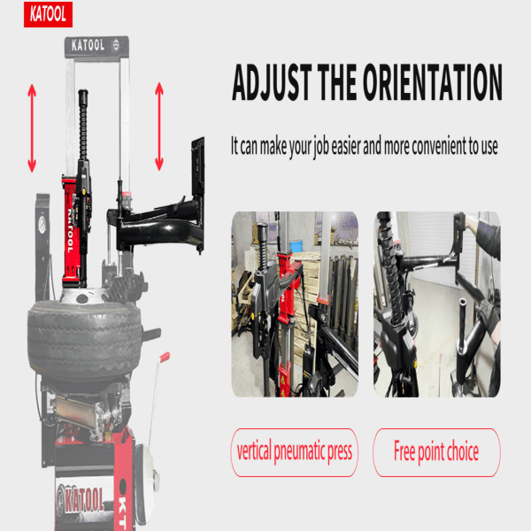 Katool KT-T855 tire changer adjustable vertical pneumatic press with free point choice for easy operation.