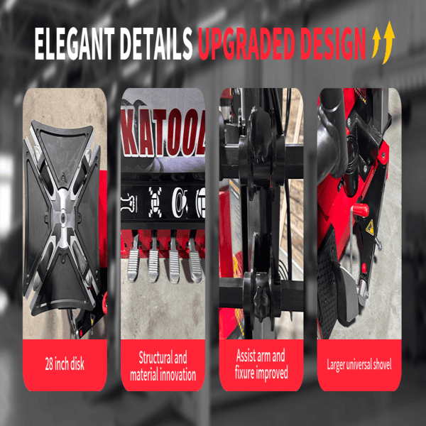 Katool tire changer upgraded design with 28 inch disk, improved assist arm, and stronger universal shovel.
