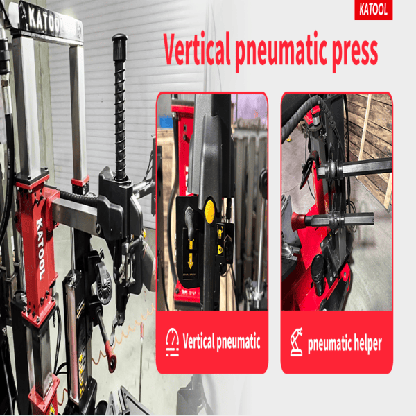 Close-up of Katool tire changer showing vertical pneumatic press and pneumatic helper functions.