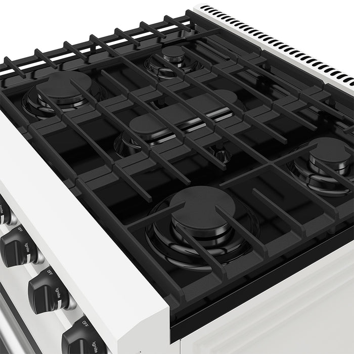 Thor Kitchen 30 Inch L-Series Professional Liquid Propane Range in White - close up of cooktop