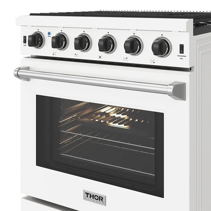 Thor Kitchen 30 Inch L-Series Professional Liquid Propane Range in White - close up of door