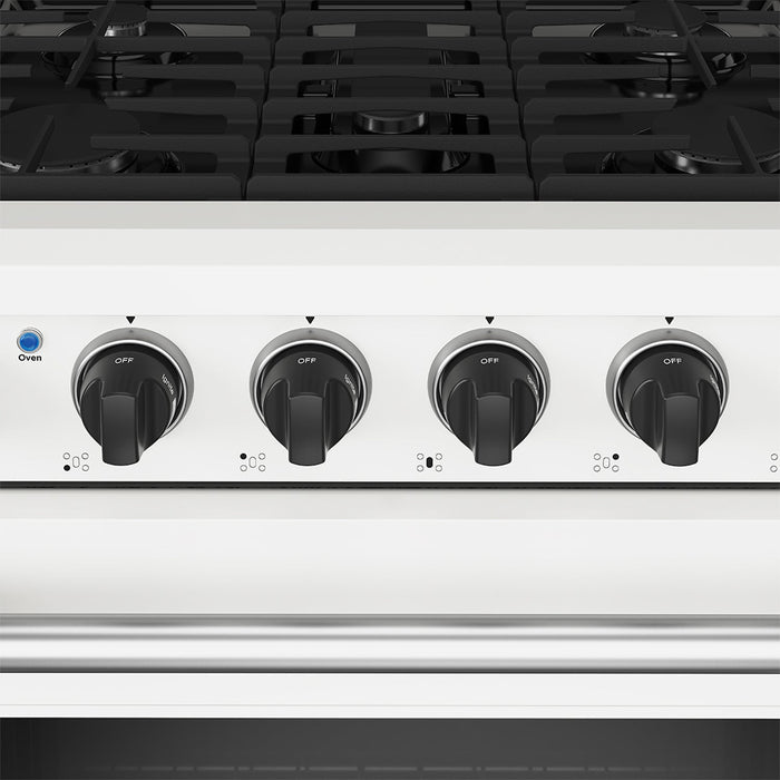 Thor Kitchen 30 Inch L-Series Professional Liquid Propane Range in White - close up of knobs