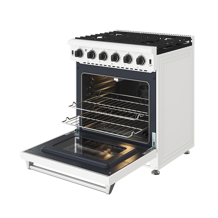 Thor Kitchen 30 Inch L-Series Professional Liquid Propane Range in White - front right side open