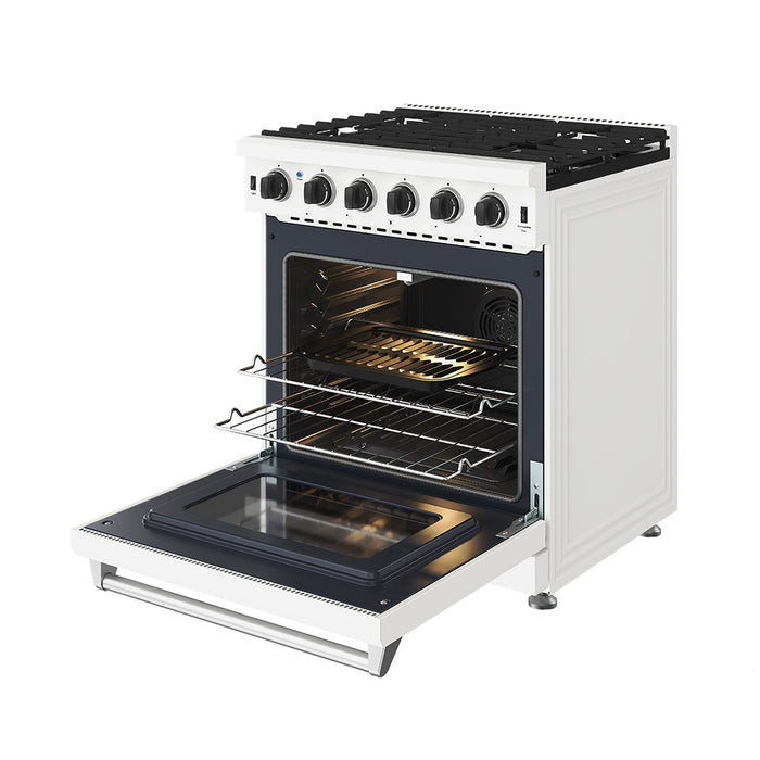Thor Kitchen 30 Inch L-Series Professional Liquid Propane Range in White - front right side open with broil pan