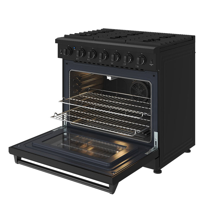 Thor Kitchen 36 Inch L-Series Professional Liquid Propane Range in Black - front right side open