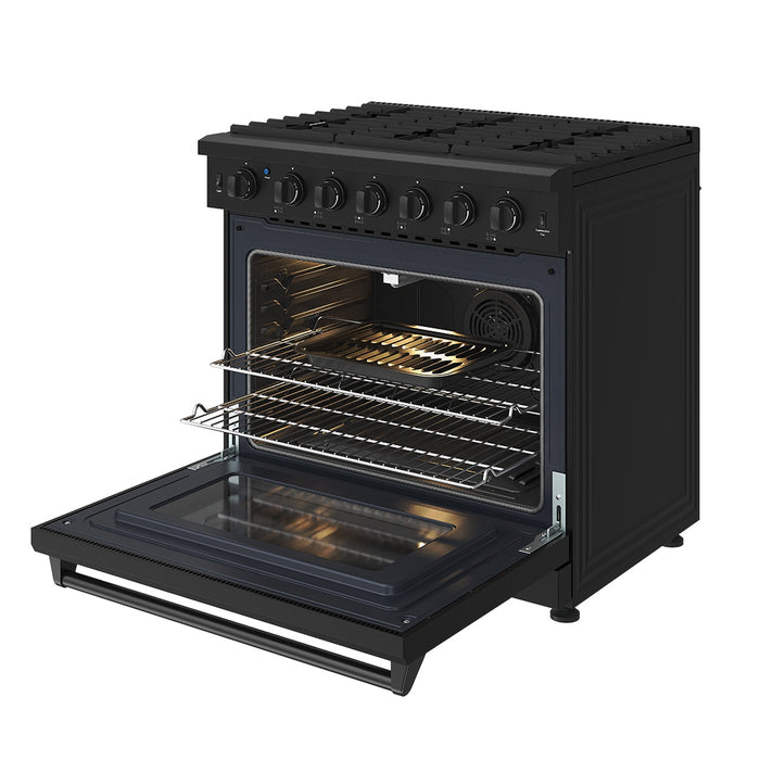 Thor Kitchen 36 Inch L-Series Professional Liquid Propane Range in Black - front right side open with broil pan