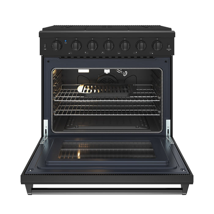 Thor Kitchen 36 Inch L-Series Professional Liquid Propane Range in Black - front side open