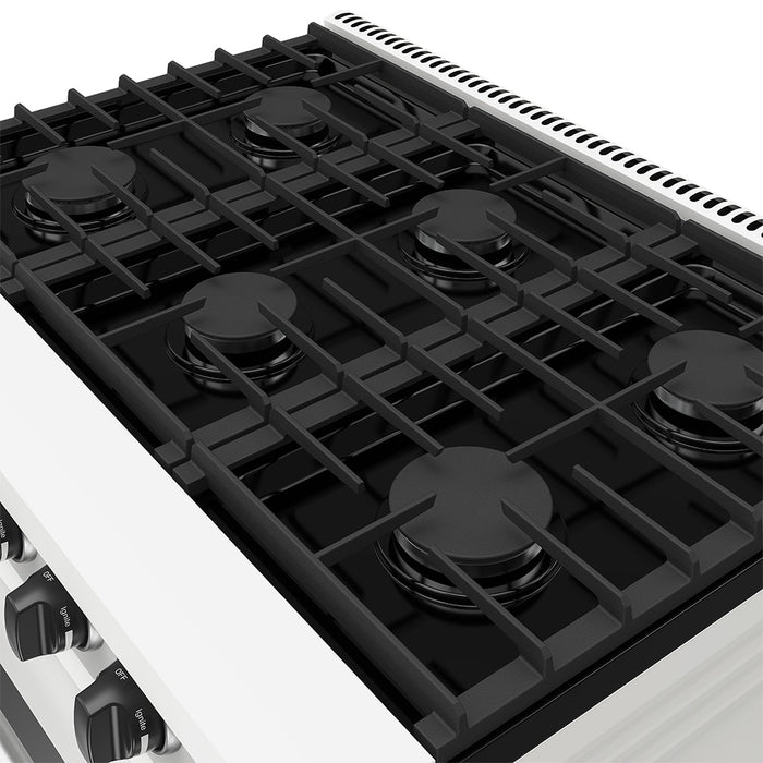 Thor Kitchen 36 Inch L-Series Professional Liquid Propane Range in White - close up of cooktop