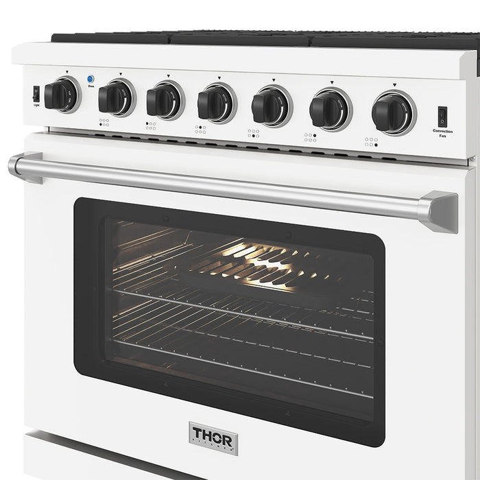 Thor Kitchen 36 Inch L-Series Professional Liquid Propane Range in White - close up of door