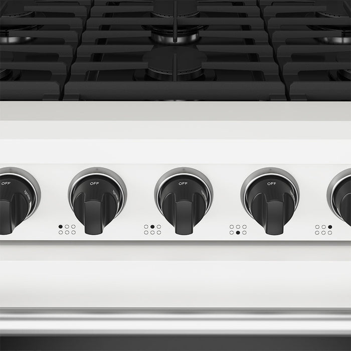 Thor Kitchen 36 Inch L-Series Professional Liquid Propane Range in White - close up of knobs