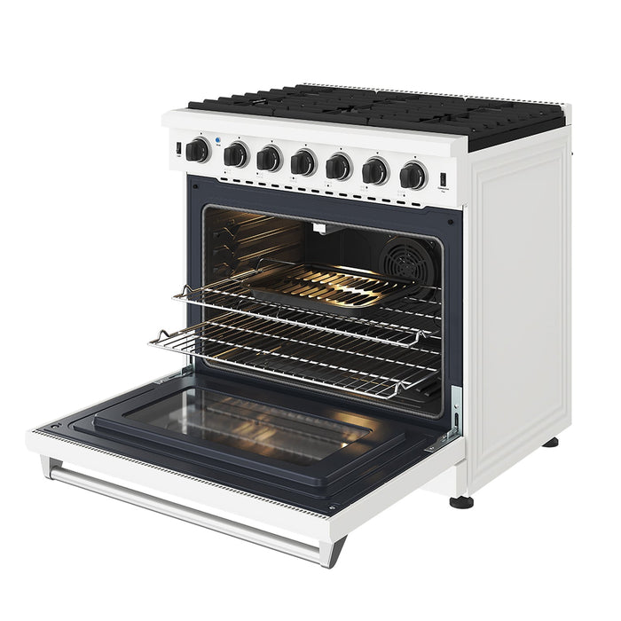 Thor Kitchen 36 Inch L-Series Professional Liquid Propane Range in White - front right side open with broil pan