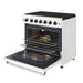 Thor Kitchen 36 Inch L-Series Professional Liquid Propane Range in White - front right side open with broil pan
