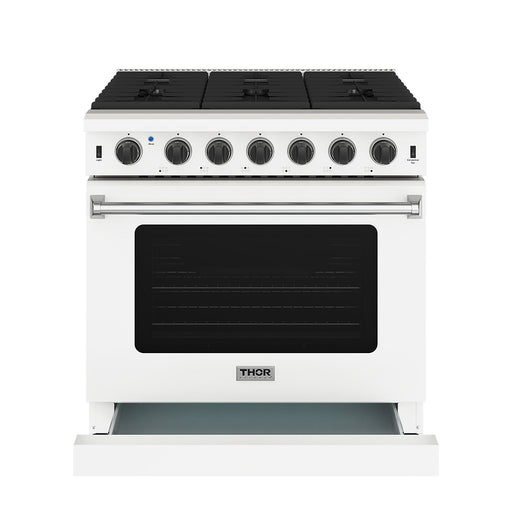 Thor Kitchen 36 Inch L-Series Professional Liquid Propane Range in White - front side drawer out