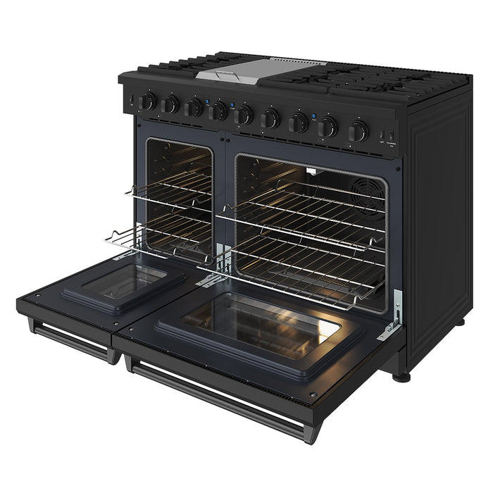 Thor Kitchen 48 Inch L-Series Professional Liquid Propane Range in Black - front right side open