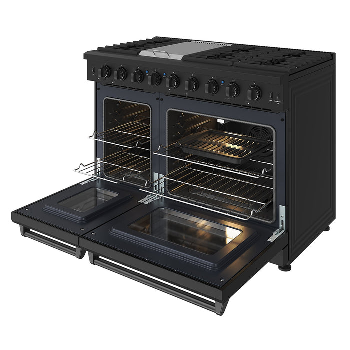 Thor Kitchen 48 Inch L-Series Professional Liquid Propane Range in Black - front right side open with broil pan