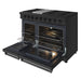 Thor Kitchen 48 Inch L-Series Professional Liquid Propane Range in Black - front right side open with broil pan