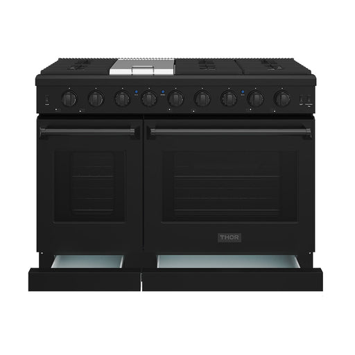 Thor Kitchen 48 Inch L-Series Professional Gas Range in Black - front side drawer open