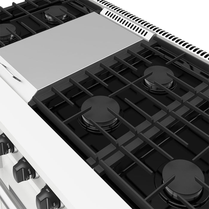 Thor Kitchen 48 Inch L-Series Professional Liquid Propane Range in White - close up of cooktop
