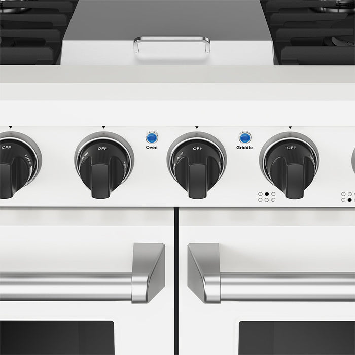 Thor Kitchen 48 Inch L-Series Professional Liquid Propane Range in White - close up of knobs