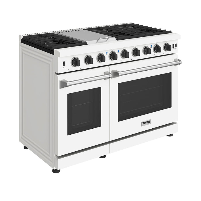 Thor Kitchen 48 Inch L-Series Professional Liquid Propane Range in White - front left side closed