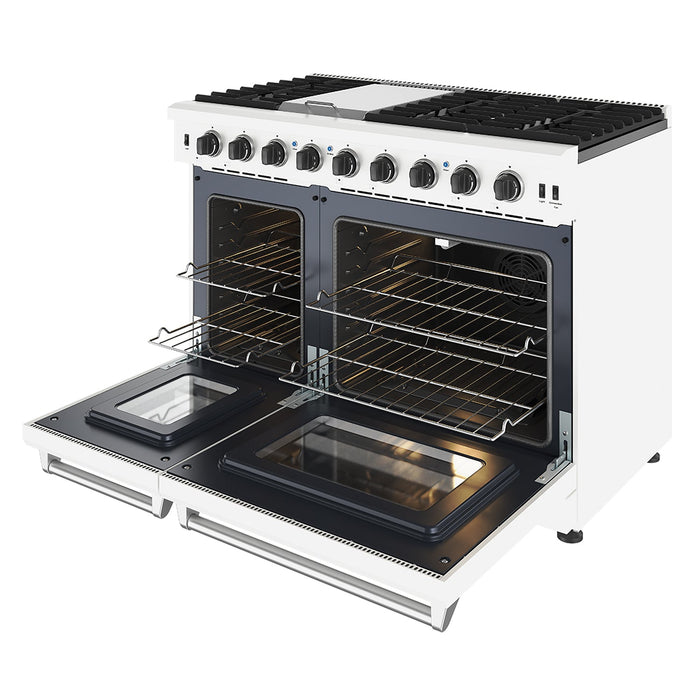 Thor Kitchen 48 Inch L-Series Professional Liquid Propane Range in White - front right side open
