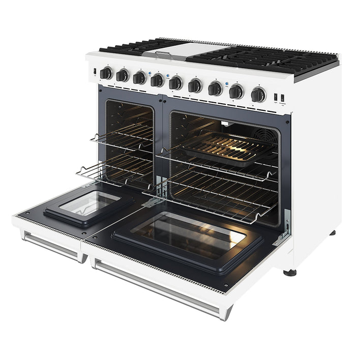 Thor Kitchen 48 Inch L-Series Professional Liquid Propane Range in White - front right side open with broil pan