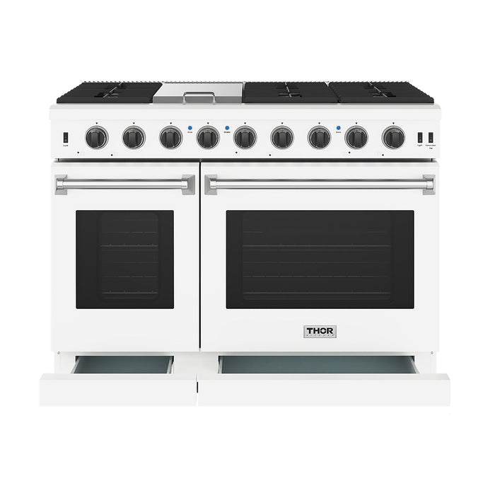 Thor Kitchen 48 Inch L-Series Professional Liquid Propane Range in White - front side drawer open