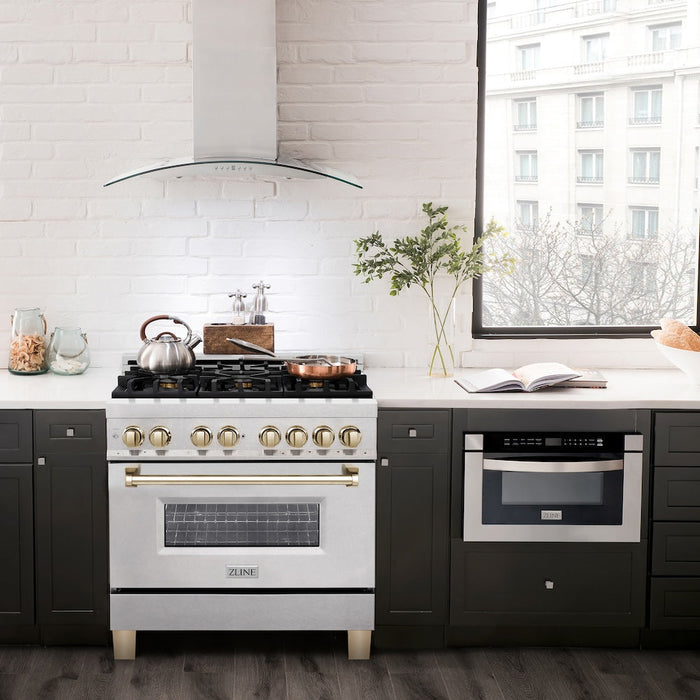 ZLINE Autograph Edition 36 in. 4.6 cu. ft. Legacy Dual Fuel Range with 6 Burner Gas Cooktop and Electric Convection Oven in Satin Stainless Steel and Polished Gold Accents (RASZ-SN-36-G)
