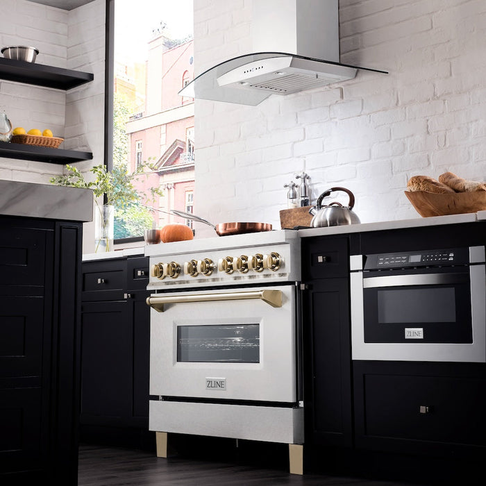 ZLINE Autograph Edition 36 in. 4.6 cu. ft. Legacy Dual Fuel Range with 6 Burner Gas Cooktop and Electric Convection Oven in Satin Stainless Steel and Polished Gold Accents (RASZ-SN-36-G)