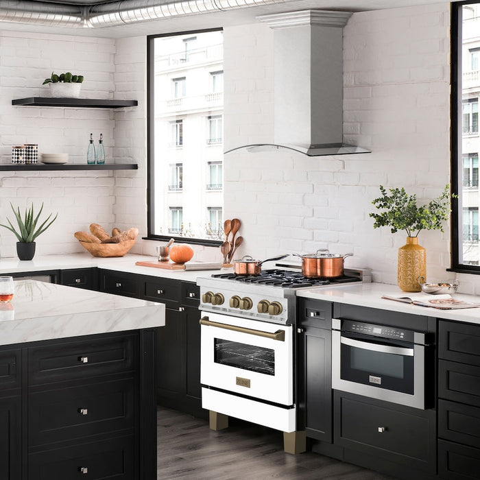 ZLINE Autograph Edition 30 in. 4.0 cu. ft. Legacy Dual Fuel Range with 4 Burner Gas Cooktop and Electric Convection Oven in Satin Stainless Steel with White Matte Door and Champagne Bronze Accents (RASZ-WM-30-CB)