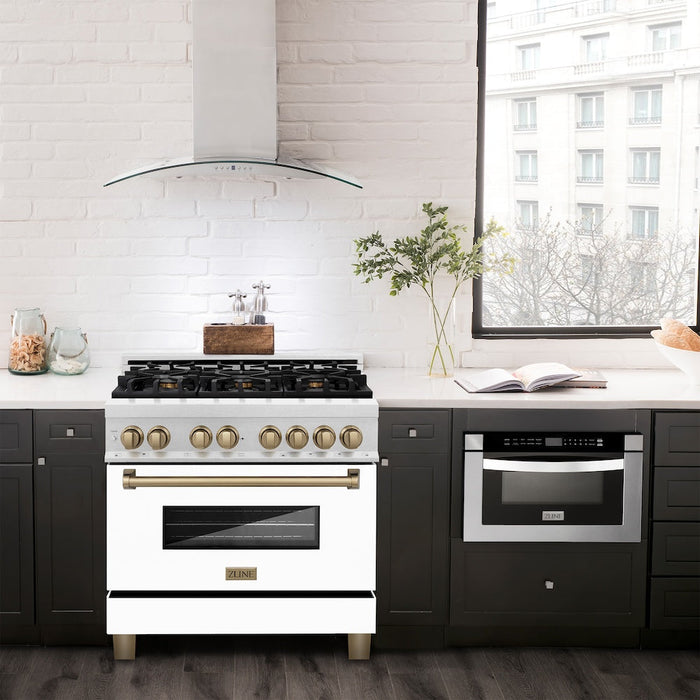 ZLINE Autograph Edition 36 in. 4.6 cu. ft. Legacy Dual Fuel Range with 6 Burner Gas Cooktop and Electric Convection Oven in Satin Stainless Steel with White Matte Door and Champagne Bronze Accents (RASZ-WM-36-CB)