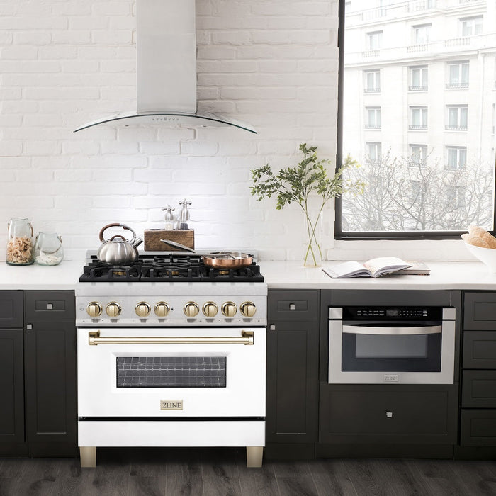 ZLINE Autograph Edition 36 in. 4.6 cu. ft. Legacy Dual Fuel Range with 6 Burner Gas Cooktop and Electric Convection Oven in Satin Stainless Steel with White Matte Door and Polished Gold Accents (RASZ-WM-36-G)