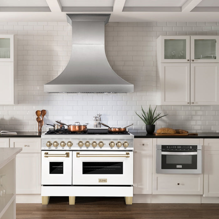 ZLINE Autograph Edition 48 in. 6.0 cu. ft. Legacy Dual Fuel Range with 7 Burner Gas Cooktop and 2 Electric Ovens in Satin Stainless Steel with White Matte Doors and Polished Gold Accents (RASZ-WM-48-G)