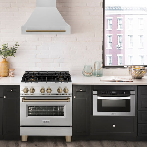 ZLINE Autograph Edition 30 in. 4.0 cu. ft. Legacy Dual Fuel Range with 4 Burner Gas Cooktop and Electric Convection Oven in Stainless Steel and Champagne Bronze Accents (RAZ-30-CB)